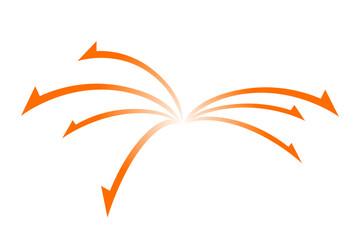 中央から放射状に分岐するオレンジの曲線矢印イラスト｜拡散・方向・流れ・成長を表すシンプル素材