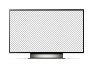 Realistic illustration of black TV with stand and blank transparent isolated screen