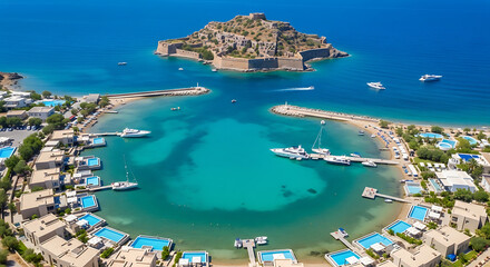 Obraz premium Overhead drone photo of Elounda lagoon luxury resorts Spinalonga island and Mirabello Bay