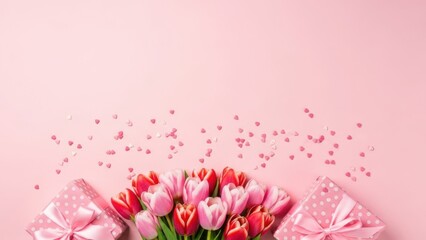 Fototapeta premium Pink Tulips and Polka Dot Gift Boxes with Heart Confetti on Pink Background