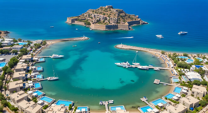 Overhead drone photo of Elounda lagoon luxury resorts Spinalonga island and Mirabello Bay