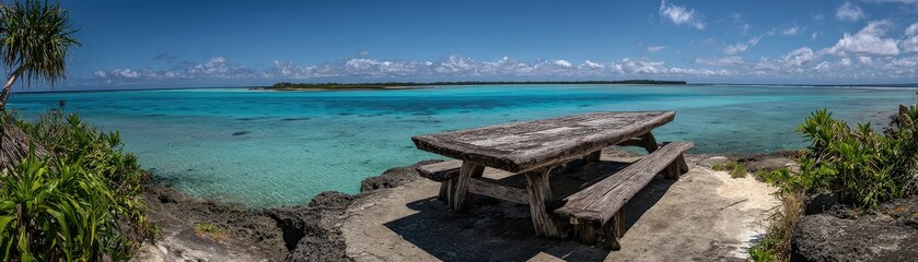 Fototapeta premium A serene coastal scene featuring a weathered picnic table overlooking clear turquoise waters and tropical foliage under a bright blue sky.