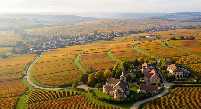 Drone panorama of Beaujolais vineyards rolling hills and Romanesque churches France