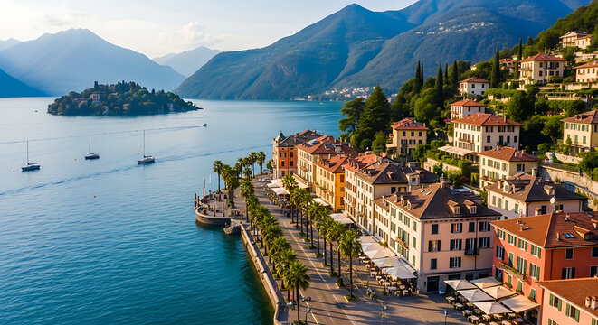 Bird's eye view of Ascona Lake Maggiore palm trees piazza and southern atmosphere