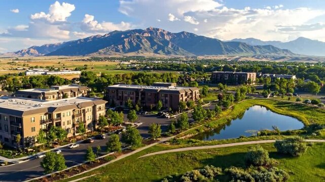 Scenic aerial view of modern apartment buildings nestled in a valley with mountains.