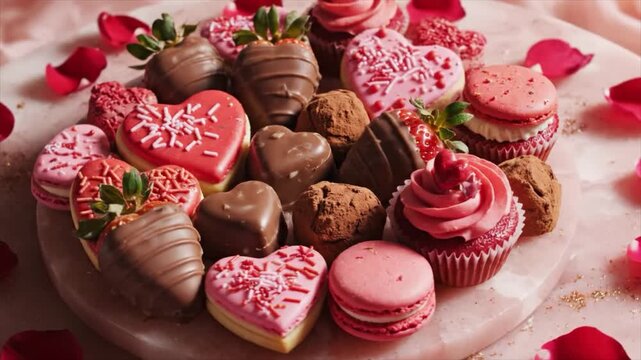 A decorative platter of assorted heart-shaped desserts including cupcakes and chocolates on a pink background surrounded by rose petals, valentine concept