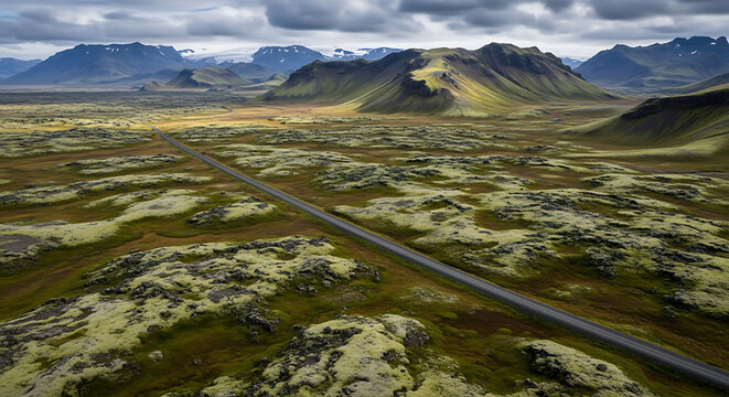 Overhead drone photo of Icelandic highlands interior green moss and volcanic desert