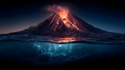 Dramatic Volcanic Eruption Over Ocean Waters at Night, Fiery Landscape.