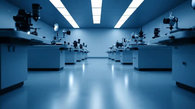 A pristine, empty laboratory featuring rows of advanced scientific instruments, ideal for medical or technological research and development.