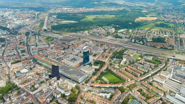 Basel, Switzerland. Basel Bad - Railway station. Basel is a city on the Rhine River in northwestern Switzerland, near the borders with France and Germany. Drone footage, Point of interest, Point of i