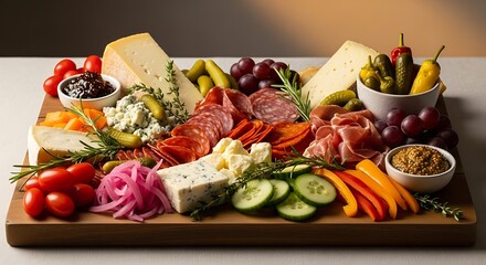 Delicious Charcuterie Board with Cheese, Meats, and Vegetables.