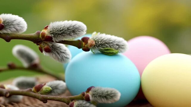 Single pastel blue egg resting near soft budding branches, captured in gentle daylight to evoke calmness, renewal, and a minimalist seasonal aesthetic.