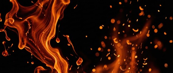 オレンジの炎と火花が舞う黒背景の火災テクスチャ, エンバーオーバーレイ効果 for バナーorポスター