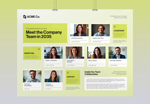 Meet The Team Poster Template for Modern Company Profiles, Organizational Charts & About Us Banners in Landscape Layout
