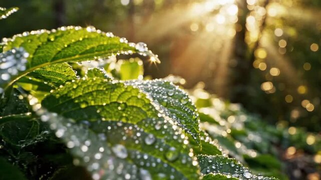 close up cinematic nature scene camera drifting through lush green plant leaves dewdrops visible soft sunlight creating magical glow calm peaceful mood smooth motion dreamy visual quality high resolut