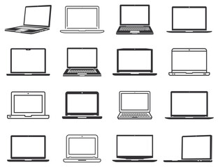 Laptop icons set. Laptop computers in different styles. Notebook flat and line icons collection. Vector illustration.