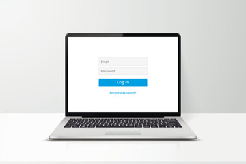 Login form on laptop screen. Laptop with login and password page.