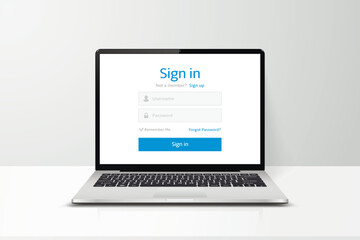 Login form on laptop screen. Fields for name and password. Sign Up and Sign In forms.