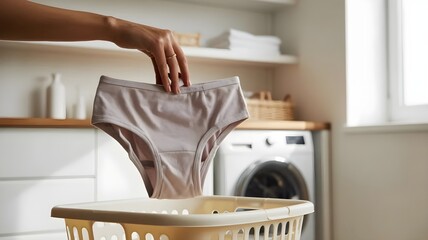 Minimalist laundry room scene with female hand holding panties ready to wash, faceless lifestyle close-up