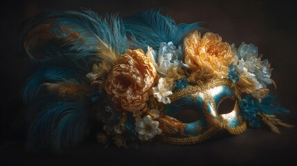 Fototapeta premium Elegant Venetian Mask with Feathers and Floral Embellishments in Dramatic Lighting.