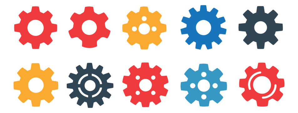 Flat graphic gear icon set featuring multiple colorful designs for design, engineering, or technology concepts