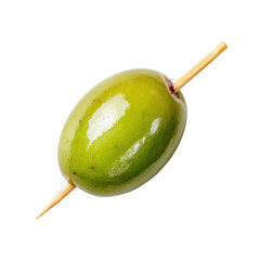 A green olive pierced by a wooden skewer
