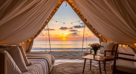 Luxurious Glamping Experience - A Tent with Ocean View at Sunset.