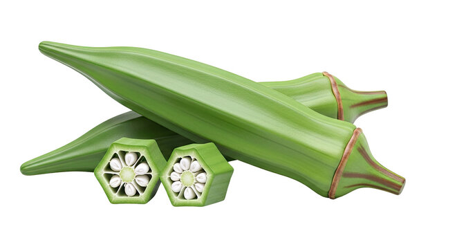 Fresh Okra Pods, One Sliced to Show Seeds