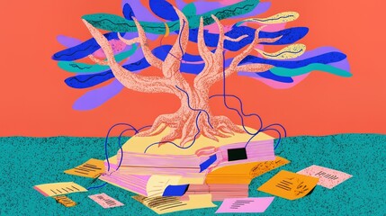 Obraz premium Colorful money tree growing from pile of books and documents expressing idea of financial knowledge education and creative investment opportunities