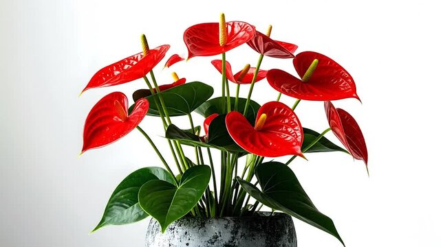 Vibrant red anthurium flowers with lush green leaves in a decorative pot against a white background.