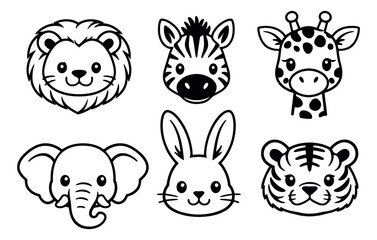 Fototapeta premium Cute hand drawn line art animal faces set featuring a lion, zebra, giraffe, elephant, rabbit, and tiger for kids designs and education
