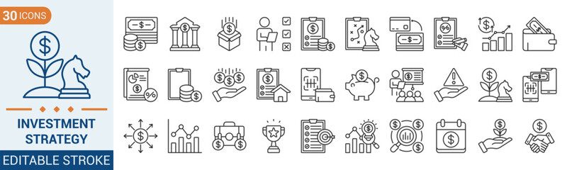 Fototapeta premium Investment Strategy icon collection set. Containing solution, wallet, budget, money, m-banking, investment, grow up and more. Illustration Eps 10