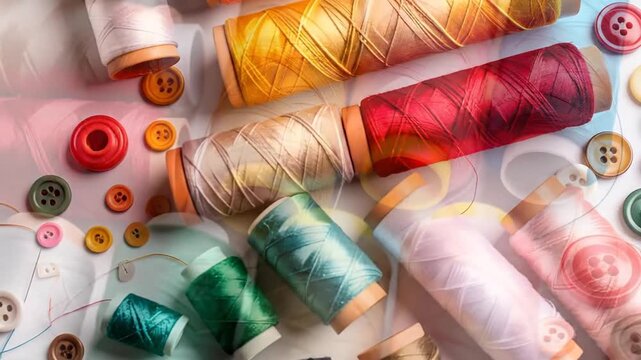 Colorful spools of thread and buttons arranged on a white background, perfect for sewing and crafting projects.