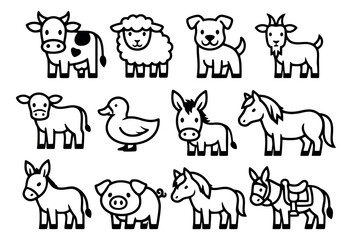 Hand drawn line art farm animals set featuring cows, sheep, dogs, goats, ducks, donkeys, pigs, and horses for kids