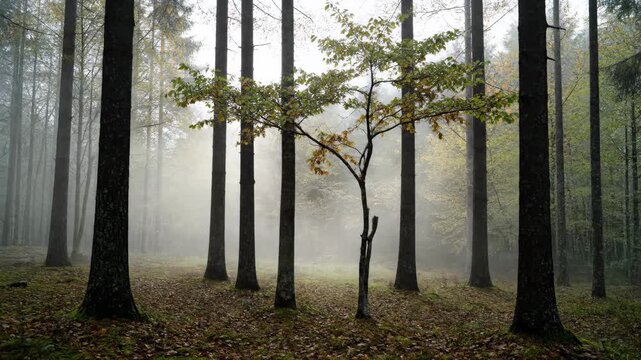A serene and mysterious forest scene on a foggy morning, featuring towering trees and a vibrant sapling.