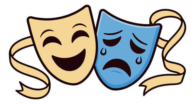 Hand drawn cartoon theatre masks set featuring comedy and tragedy expressions for theatre and drama concept