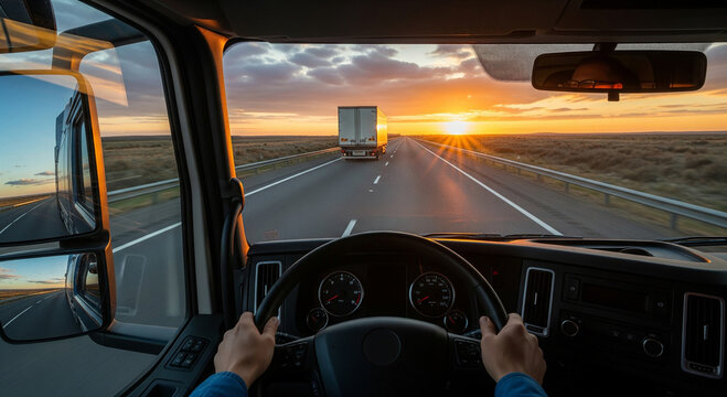 View from the driver's seat of a truck driving at sunset, perfect for driving career concepts and travel transportation plans