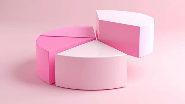 A 3D rendered pie chart with pink and white segments on a soft pink background.