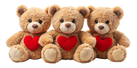 Three brown teddy bears with red hearts on black background