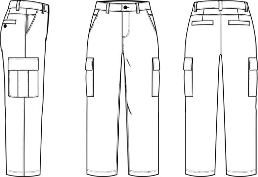 Mens cargo pants technical fashion flat sketch, front side back view, apparel CAD drawing, pocket details, stitching, vector illustration template