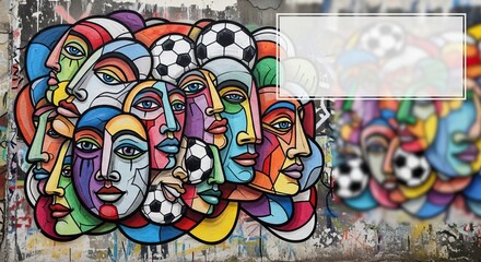 Obraz premium Colorful street mural of faces and soccer balls on graffiti wall soccer football cup background download 2026 2027