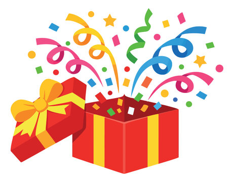 Graphic illustration of an open gift box depicting confetti exploding for a celebration