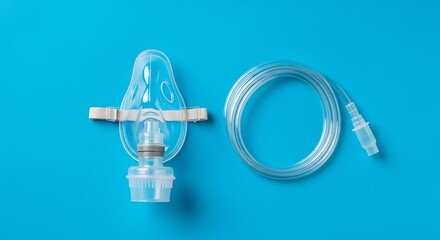 Oxygen Mask and Tubing on Blue Background for Respiratory Support.