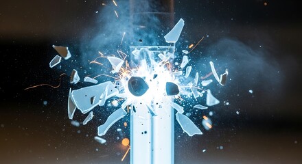 Explosion of Glass Shards with Bright Light and Smoke.