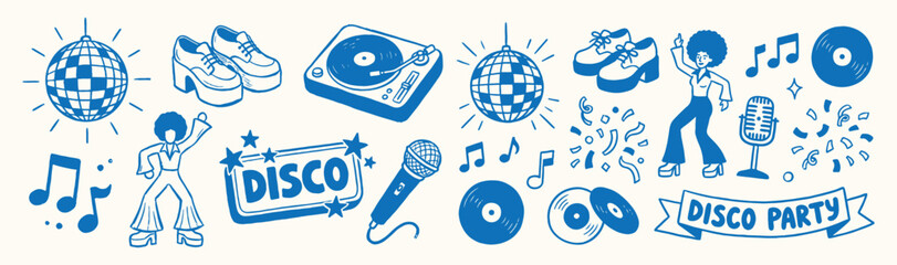 Disco party element set features mirror balls, vinyl records, and dancing characters in a retro blue style. © trianatio