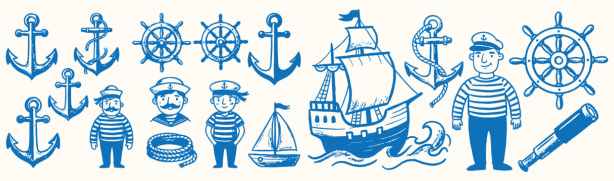 Nautical sailor collection includes anchors, ship wheels, and captains in a marine blue ink illustration.
