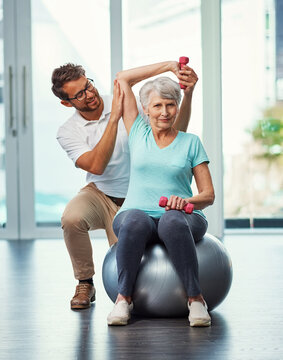 Dumbbells, physiotherapist and senior woman with stretching, rehabilitation or recovery. Exercise ball, weights and physical therapist with elderly patient for arm movement with muscle support.