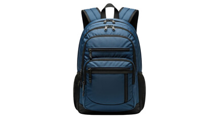 Naklejka premium Navy blue polyester backpack with front zipper pockets and top handle, product photo