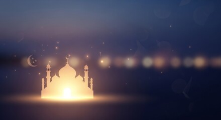 Naklejka premium Ramadan wallpaper & Ramadan celebration background. mosque silhouette under a starlit night sky, crescent moon, and stars glowing