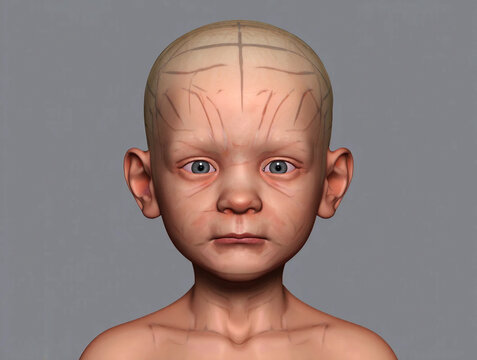 Progeria 3d rendering of a young childs head with facial lines and markings face